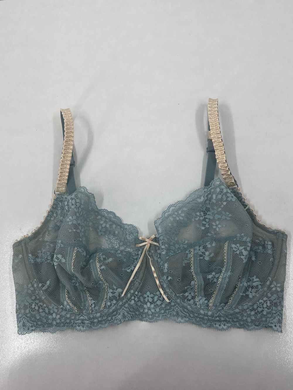 Heidi Klum Intimates Dusty Teal Lace Underwire Bra with Cream Straps